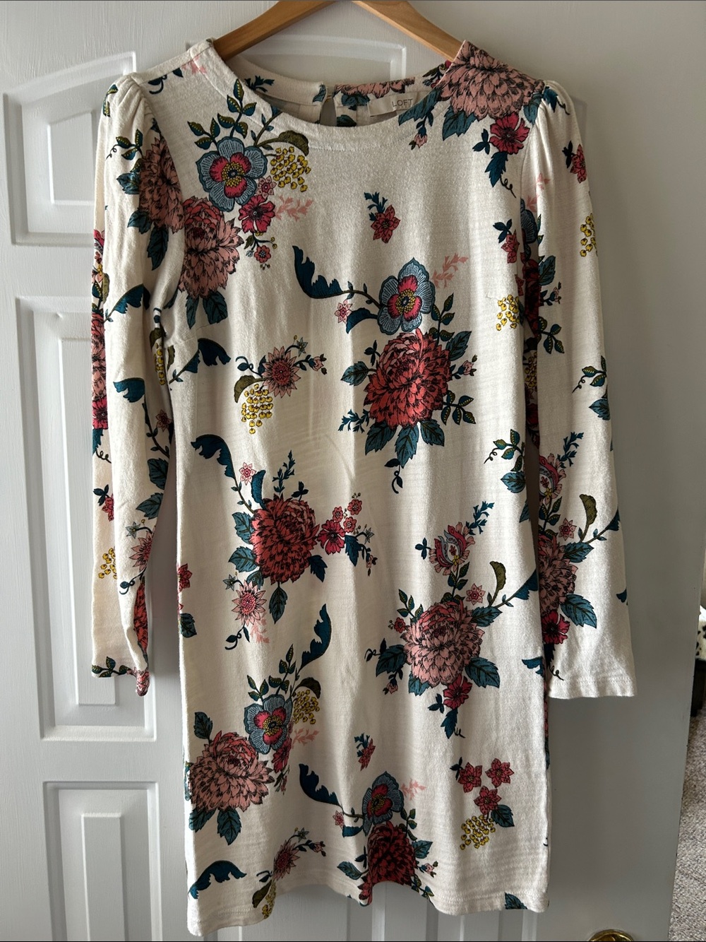 LOFT Cream Floral Knit Top with Pink & Teal Blooms